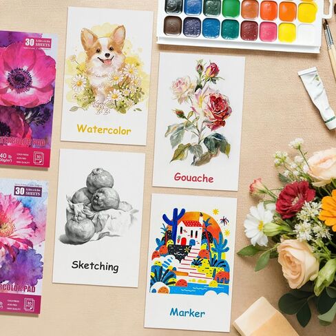 3 Pack 90 Sheet Watercolor Paper Pad 5.5“ x 8.5", 140lb/300 GSM Cotton Cold Press Spiral Bound Pad Watercolor Sketchbook for Adults, Mixed Media,Markers, Art Painting, Journal in Kuwait