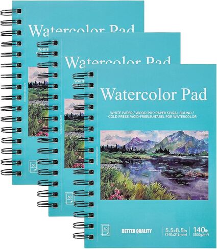 3 Pack 90 Sheet Watercolor Paper Pad 5.5“ x 8.5", 140lb/300 GSM Cotton Cold Press Spiral Bound Pad Watercolor Sketchbook for Adults, Mixed Media,Markers, Art Painting, Journal in Kuwait