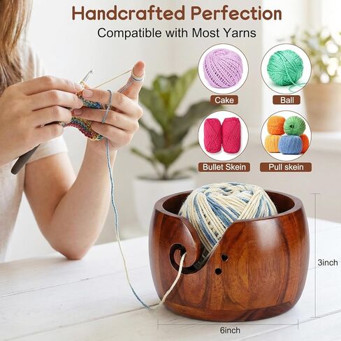 Wooden Yarn Bowl for Crocheting, Knitting Yarn Bowl with Holes Storage, Crochet Bowls for Yarn, Crochet Yarn Bowl for Crocheting and Knitting Lovers Gift(6" x 6" x 3") in Saudi Arabia