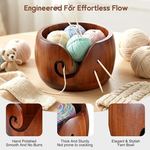 Wooden Yarn Bowl for Crocheting, Knitting Yarn Bowl with Holes Storage, Crochet Bowls for Yarn, Crochet Yarn Bowl for Crocheting and Knitting Lovers Gift(6" x 6" x 3") in Saudi Arabia