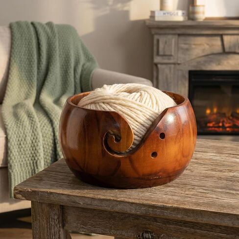 Wooden Yarn Bowl for Crocheting, Knitting Yarn Bowl with Holes Storage, Crochet Bowls for Yarn, Crochet Yarn Bowl for Crocheting and Knitting Lovers Gift(6" x 6" x 3") in Saudi Arabia