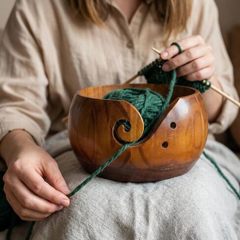 Wooden Yarn Bowl for Crocheting, Knitting Yarn Bowl with Holes Storage, Crochet Bowls for Yarn, Crochet Yarn Bowl for Crocheting and Knitting Lovers Gift(6" x 6" x 3") in Saudi Arabia