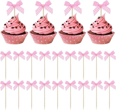 24 Pcs Coquette Bow Cupcake Toppers - Pink Plaid Bow Tie Picks, Ready-to-Use Birthday Cake Decorations for Girls Party, Baby Shower, Bridal Engagement & Wedding in Kuwait