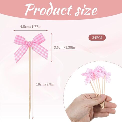 24 Pcs Coquette Bow Cupcake Toppers - Pink Plaid Bow Tie Picks, Ready-to-Use Birthday Cake Decorations for Girls Party, Baby Shower, Bridal Engagement & Wedding in Kuwait