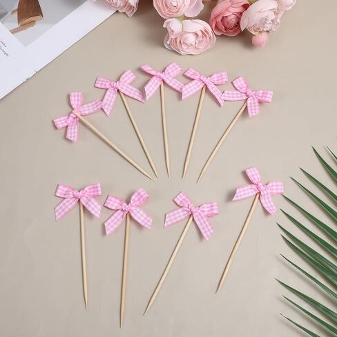24 Pcs Coquette Bow Cupcake Toppers - Pink Plaid Bow Tie Picks, Ready-to-Use Birthday Cake Decorations for Girls Party, Baby Shower, Bridal Engagement & Wedding in Kuwait