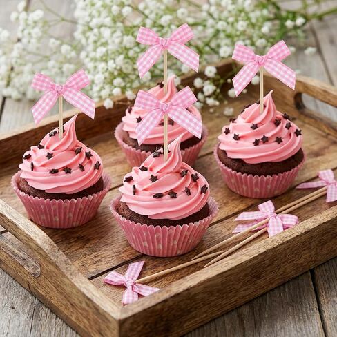 24 Pcs Coquette Bow Cupcake Toppers - Pink Plaid Bow Tie Picks, Ready-to-Use Birthday Cake Decorations for Girls Party, Baby Shower, Bridal Engagement & Wedding in Kuwait