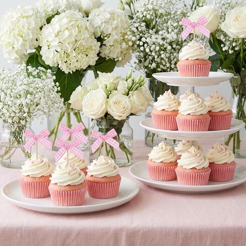 24 Pcs Coquette Bow Cupcake Toppers - Pink Plaid Bow Tie Picks, Ready-to-Use Birthday Cake Decorations for Girls Party, Baby Shower, Bridal Engagement & Wedding in Kuwait