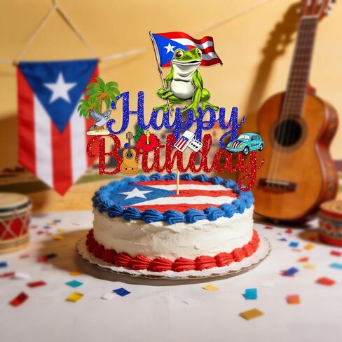 Puerto Rico Party Decorations: Glitter Puerto Rico Happy Birthday Cake Topper Puerto Rico Birthday Decorations Puerto Rico Cake Decorations for Patriotic Festival National Day Supplies in Kuwait