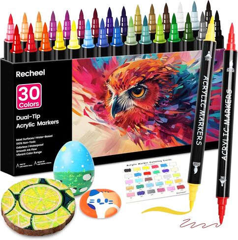 30 Colors Acrylic Paint Markers, Dual Tip Fine and Brush Tips for Detailed Art, Crafting, Rock Painting, Wood, Glass, Ceramic, and More in Saudi Arabia