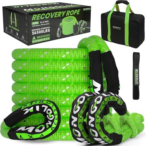 1.26in x 30ft Kinetic Recovery Rope Kit (Reflective), 53000LBS, Heavy Duty Stretch Nylon Towing Ropes with 2 Soft Shackles, Ideal for Trucks, SUVs, ATVs, and Tractors (Black) in Kuwait