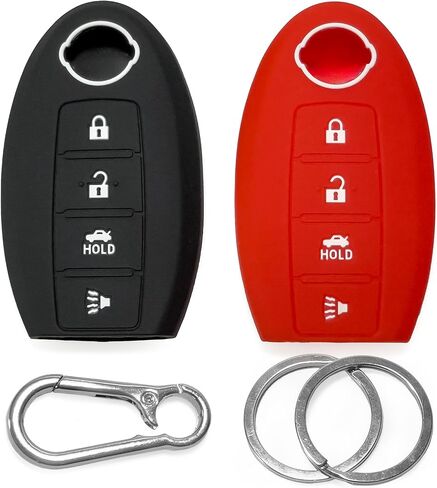 2-pcs Click&Fit Silicone Key Fob Covers Compatible with Nissan Rogue 2008-21, Altima 07-21, Pathfinder 10-21, Murano 2009-21, Maxima Leaf GT-R Juke – Car Remote Key Rubber Case 4-Buttons, Black&Red in Kuwait
