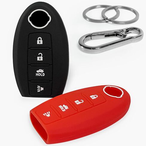 2-pcs Click&Fit Silicone Key Fob Covers Compatible with Nissan Rogue 2008-21, Altima 07-21, Pathfinder 10-21, Murano 2009-21, Maxima Leaf GT-R Juke – Car Remote Key Rubber Case 4-Buttons, Black&Red in Kuwait