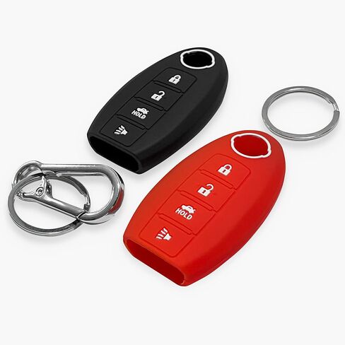 2-pcs Click&Fit Silicone Key Fob Covers Compatible with Nissan Rogue 2008-21, Altima 07-21, Pathfinder 10-21, Murano 2009-21, Maxima Leaf GT-R Juke – Car Remote Key Rubber Case 4-Buttons, Black&Red in Kuwait