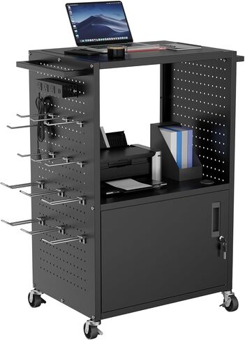 Mobile AV Cart, Heavy Duty Rolling Computer Cart with Push Handle & Hooks – Locking Cabinet, Pegboard, 4 Outlets, Lock Brake Casters – Media Utility Cart on Wheels for Office/Classroom in Saudi Arabia