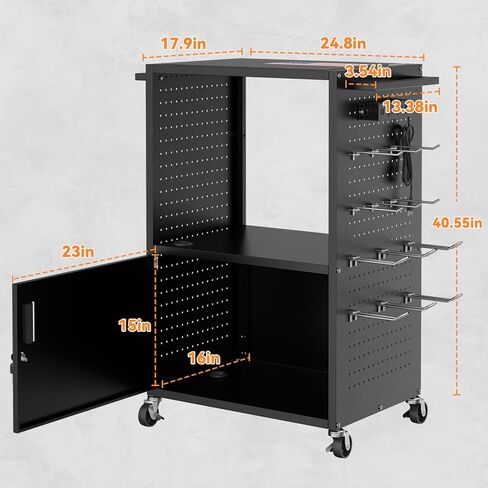Mobile AV Cart, Heavy Duty Rolling Computer Cart with Push Handle & Hooks – Locking Cabinet, Pegboard, 4 Outlets, Lock Brake Casters – Media Utility Cart on Wheels for Office/Classroom in Saudi Arabia