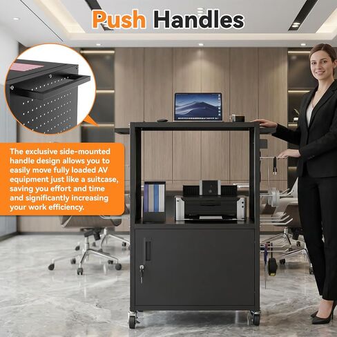 Mobile AV Cart, Heavy Duty Rolling Computer Cart with Push Handle & Hooks – Locking Cabinet, Pegboard, 4 Outlets, Lock Brake Casters – Media Utility Cart on Wheels for Office/Classroom in Saudi Arabia