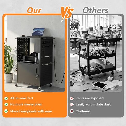 Mobile AV Cart, Heavy Duty Rolling Computer Cart with Push Handle & Hooks – Locking Cabinet, Pegboard, 4 Outlets, Lock Brake Casters – Media Utility Cart on Wheels for Office/Classroom in Saudi Arabia