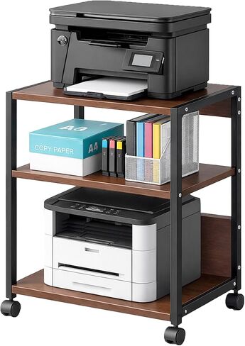 3-Tier Printer Stand with Storage, Adjustable Shelves, Lockable Wheels, Stable Steel Frame for Home & Office Rustic Brown & Black in Saudi Arabia