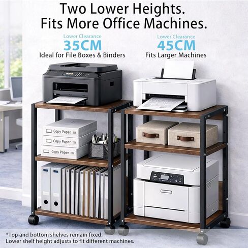 3-Tier Printer Stand with Storage, Adjustable Shelves, Lockable Wheels, Stable Steel Frame for Home & Office Rustic Brown & Black in Saudi Arabia