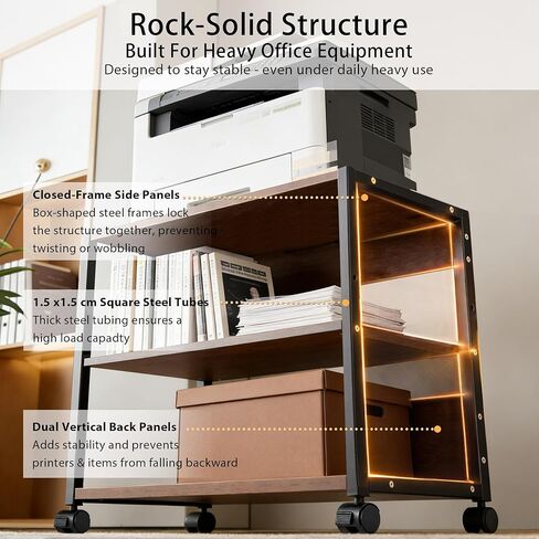 3-Tier Printer Stand with Storage, Adjustable Shelves, Lockable Wheels, Stable Steel Frame for Home & Office Rustic Brown & Black in Saudi Arabia