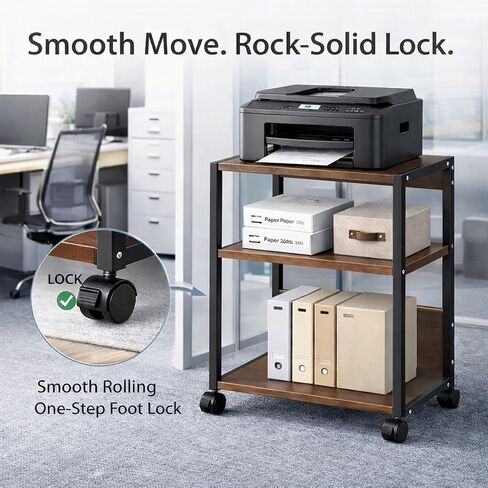 3-Tier Printer Stand with Storage, Adjustable Shelves, Lockable Wheels, Stable Steel Frame for Home & Office Rustic Brown & Black in Saudi Arabia