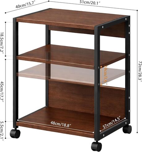 3-Tier Printer Stand with Storage, Adjustable Shelves, Lockable Wheels, Stable Steel Frame for Home & Office Rustic Brown & Black in Saudi Arabia
