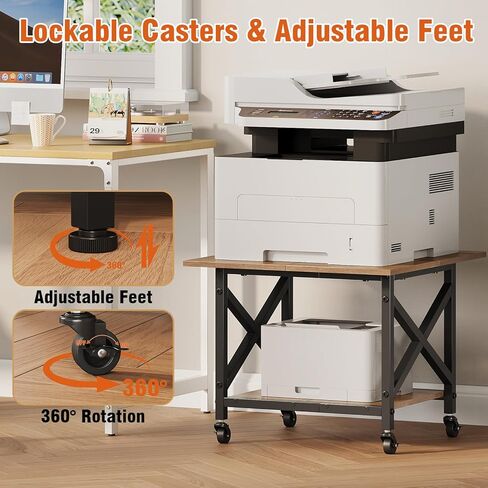 VENNQD 2 Tier Printer Stand, 23.6'' x 23.6'' Large Table with Storage Shelf, Rolling Printer Cart with Wheels, Laser Printer Table for Home Office Living Room Scanner Fax Machine, Rustic Brown in Saudi Arabia