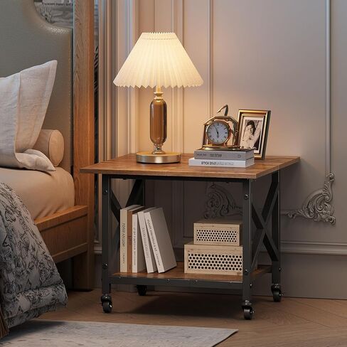 VENNQD 2 Tier Printer Stand, 23.6'' x 23.6'' Large Table with Storage Shelf, Rolling Printer Cart with Wheels, Laser Printer Table for Home Office Living Room Scanner Fax Machine, Rustic Brown in Saudi Arabia
