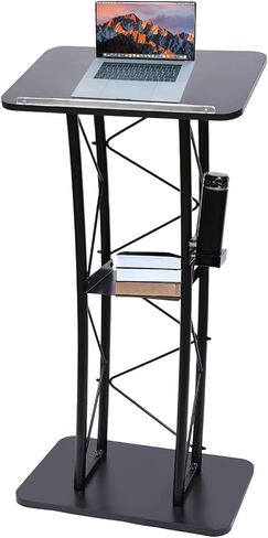 Podium Stand, 47-Inch Metal Lectern, Curved Standing Podium with Wide Reading Surface, Open Storage Compartment, Book Stopper, Cup Holder, for Classroom Wedding Conference Speech & Concert in Kuwait