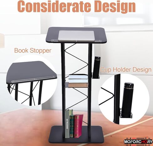 Podium Stand, 47-Inch Metal Lectern, Curved Standing Podium with Wide Reading Surface, Open Storage Compartment, Book Stopper, Cup Holder, for Classroom Wedding Conference Speech & Concert in Kuwait