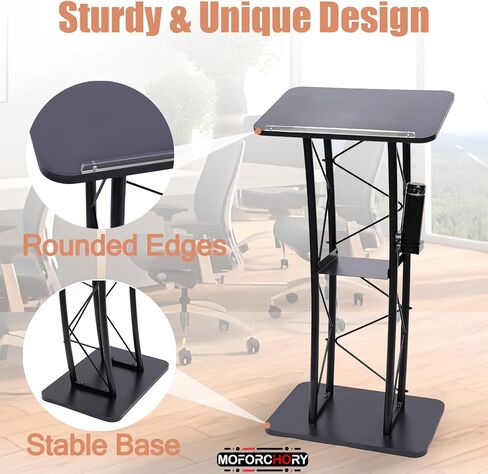 Podium Stand, 47-Inch Metal Lectern, Curved Standing Podium with Wide Reading Surface, Open Storage Compartment, Book Stopper, Cup Holder, for Classroom Wedding Conference Speech & Concert in Kuwait