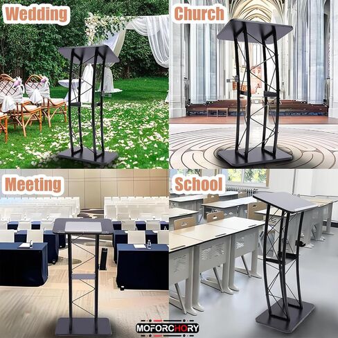 Podium Stand, 47-Inch Metal Lectern, Curved Standing Podium with Wide Reading Surface, Open Storage Compartment, Book Stopper, Cup Holder, for Classroom Wedding Conference Speech & Concert in Kuwait