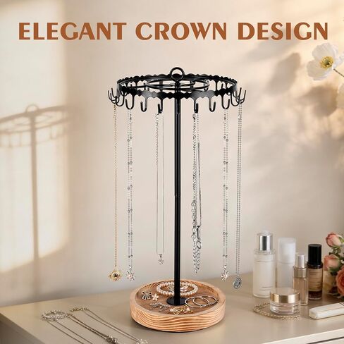 Rotating Necklace Holder Organizer, Necklace Tree Stand Display for Vendors, Tall with 24 Hooks Tangle-Free and Spinning Gifts for Womens Craft Show, Vintage Wooden and Black Metal in Saudi Arabia