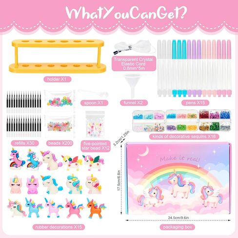 Bafeil Unicorn DIY Pen Making Kit, 15 Make Your Own Glitter Pens Creator Studio with Sequins Beads, Creative Arts & Crafts Marker Set, Personalized Colouring Pens Birthday Back School Gift in Saudi Arabia