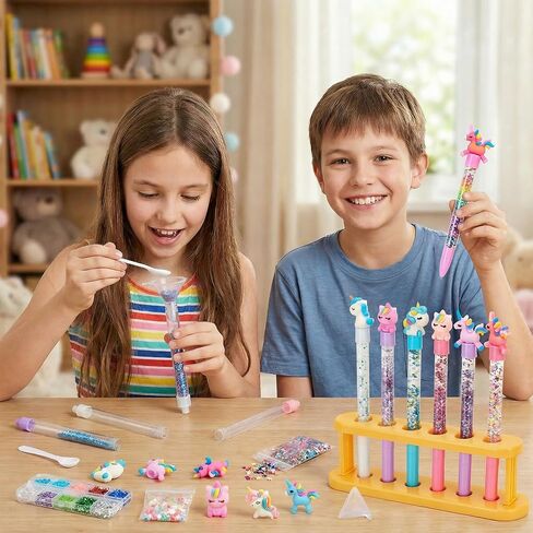 Bafeil Unicorn DIY Pen Making Kit, 15 Make Your Own Glitter Pens Creator Studio with Sequins Beads, Creative Arts & Crafts Marker Set, Personalized Colouring Pens Birthday Back School Gift in Saudi Arabia