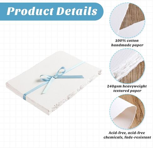 25 Sheets Textured Paper, Watercolor Paper 5x7 Inch 240 GSM Deckled Edge White Handmade Papers for Watercolors,Cards,Crafts,Wedding Invitations in Kuwait