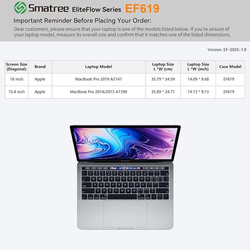 حافظة كمبيوتر محمول Smatree EliteFlow لجهاز Apple MacBook Pro 2019 A2141 مقاس 16 بوصة، لجهاز Apple MacBook Pro 2015/2014 A1398 مقاس 15.4 بوصة، حقيبة كمبيوتر محمول واقية نحيفة مع جيب ملحق ومقبض (EF619) in Kuwait