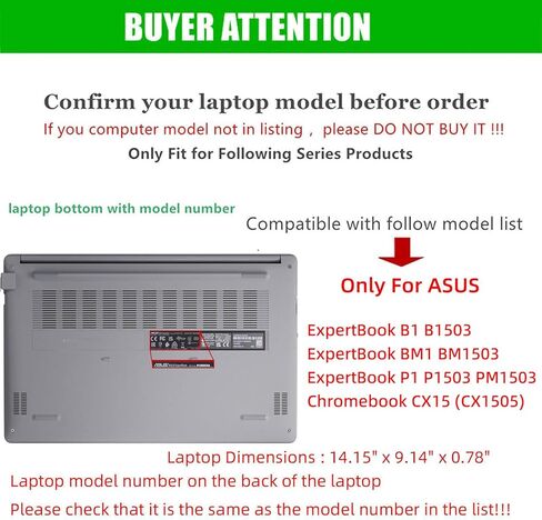 حافظة كمبيوتر محمول لجهاز ASUS ExpertBook B1 B1503/ BM1 BM1503/P1 P1503&PM1503، حافظة لجهاز ASUS Chromebook CX15 (CX1505) 15.6 بوصة 2 في 1 حافظة كمبيوتر محمول قابلة للفصل من جلد البولي يوريثان (أسود) in Kuwait