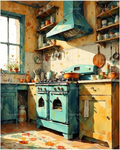 Rustic Kitchen Paint by Numbers Kit for Adults - DIY Retro Stove and Warm Interior Painting on Canvas 16x20 Inches, Acrylic Paint Set, Suitable for Beginners, Art for Home Decoration or Gifts in Kuwait