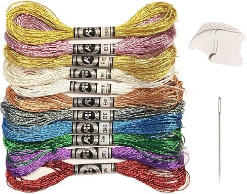 11 Skeins Metallic Embroidery Floss, Comes with 11 Paper Thread bobbins and 1 Large-Eye Needle. Special Thread for Handmade DIY Embroidery Crafts (8 Meters per Skein, 12 Strands) in Kuwait