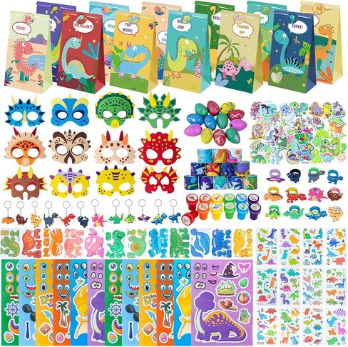 Dinosaur Party Favors for Kids -12 Pack Dinosaur Gift Bags with Masks, Stamps, Stickers, Keychains, Dinosaur Eggs & Rings, Dinosaur Birthday Party Supplies, Goodie Bag Stuffers in Saudi Arabia