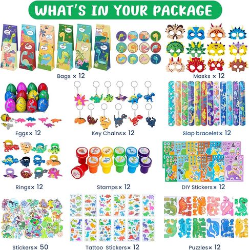 Dinosaur Party Favors for Kids -12 Pack Dinosaur Gift Bags with Masks, Stamps, Stickers, Keychains, Dinosaur Eggs & Rings, Dinosaur Birthday Party Supplies, Goodie Bag Stuffers in Saudi Arabia