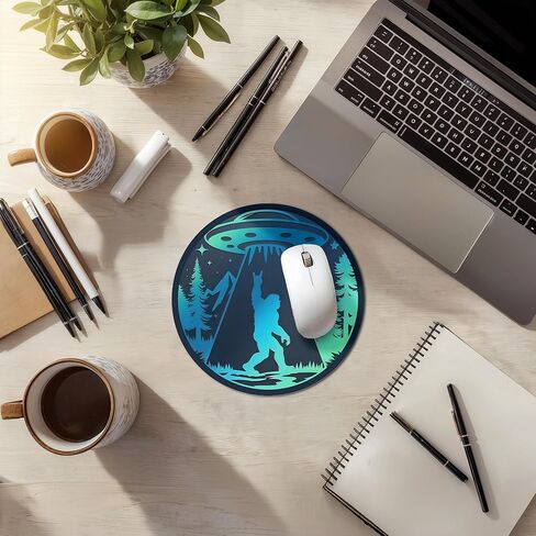 Funny Bigfoot Moon Green Forest Blue UFO Gaming Round Mouse Pad, Cool Aesthetic Spaceship Mousepad for Computer Laptop Keyboard School Home Desktop Gamer Home Accessories Decor, 7.9x7.9 Inch in Saudi Arabia