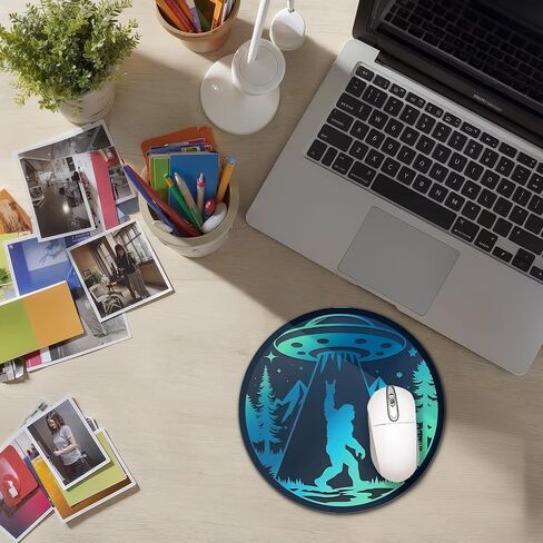Funny Bigfoot Moon Green Forest Blue UFO Gaming Round Mouse Pad, Cool Aesthetic Spaceship Mousepad for Computer Laptop Keyboard School Home Desktop Gamer Home Accessories Decor, 7.9x7.9 Inch in Saudi Arabia