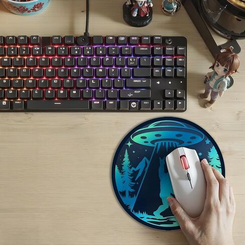 Funny Bigfoot Moon Green Forest Blue UFO Gaming Round Mouse Pad, Cool Aesthetic Spaceship Mousepad for Computer Laptop Keyboard School Home Desktop Gamer Home Accessories Decor, 7.9x7.9 Inch in Saudi Arabia