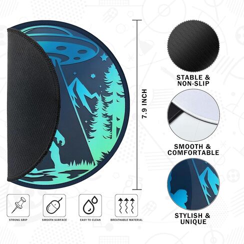 Funny Bigfoot Moon Green Forest Blue UFO Gaming Round Mouse Pad, Cool Aesthetic Spaceship Mousepad for Computer Laptop Keyboard School Home Desktop Gamer Home Accessories Decor, 7.9x7.9 Inch in Saudi Arabia