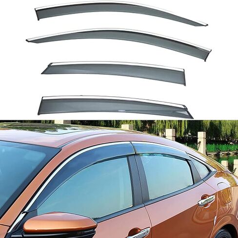 Deal 4-Piece Set Outside Mount Tape On/Clip On Type Smoke Tinted Sun/Rain Guard Vent Window Visors with Chrome Trim Compatible with 2016-2020 Civic 4-Door Sedan Only in Kuwait