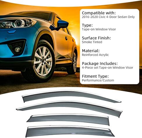 Deal 4-Piece Set Outside Mount Tape On/Clip On Type Smoke Tinted Sun/Rain Guard Vent Window Visors with Chrome Trim Compatible with 2016-2020 Civic 4-Door Sedan Only in Kuwait