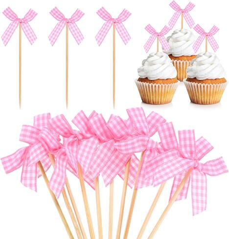 M METERXITY 60-Pack Bow Cupcake Toppers, Ribbon Bow Cake Toppers Plaid Bowknot Cupcake Picks Birthday Cake Decor for Bridal Shower/Wedding/Bachelorette Party/Birthday Decor [Red] in Kuwait