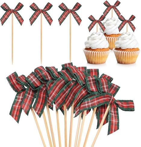M METERXITY 60-Pack Bow Cupcake Toppers, Ribbon Bow Cake Toppers Plaid Bowknot Cupcake Picks Birthday Cake Decor for Bridal Shower/Wedding/Bachelorette Party/Birthday Decor [Red] in Kuwait